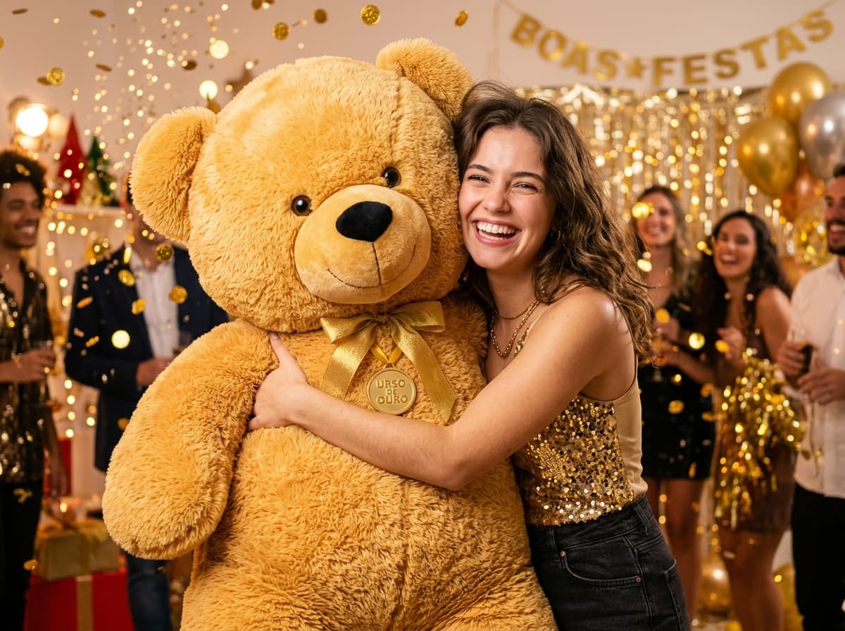 Pelúcia Gigante Urso de Ouro com pessoa para noção de escala